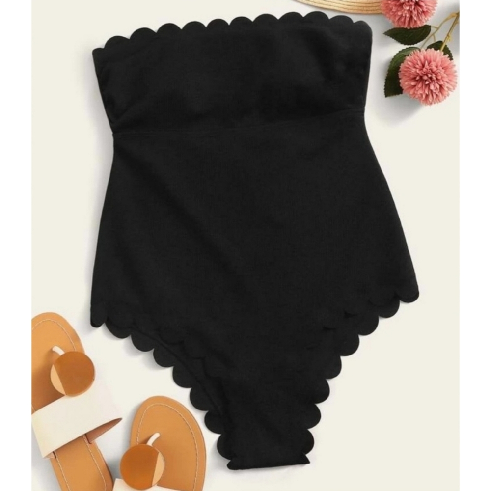 Shein Bandeau Scalloped Black One Piece Swimsuit